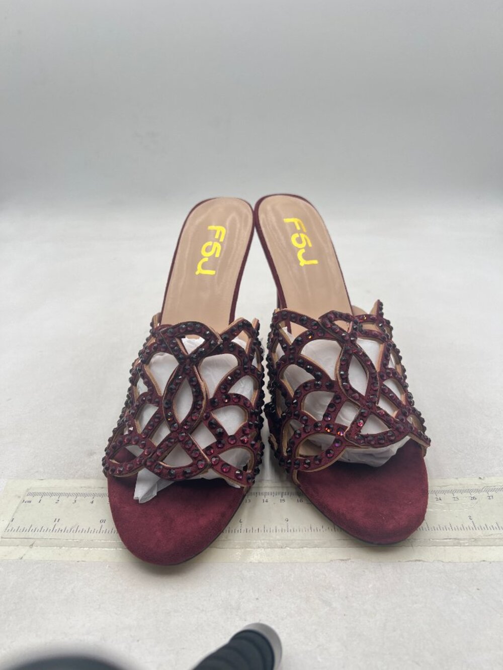 FSJ Burgundy Vegan Suede Rhinestone Open Toe Cutout High Heel Mules - Picture 3 of 8